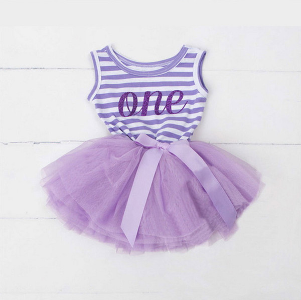 Baby Girl Birthday Dress 1-2-3T Sleeveless Stripe Summer Princess Tulle Dress Children Clothes E90239