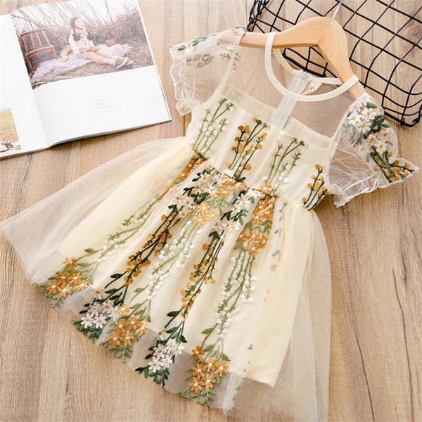 Embroidery Girls Dress 2019 Summer New Floral Gauze Kids Princess Dresses Kids Clothes LL1068