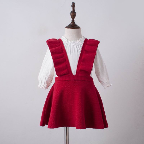 Girls Knitted Dresses European American Style Flare Sleeve Strap Dress Kids Clothes 2-7Y E011