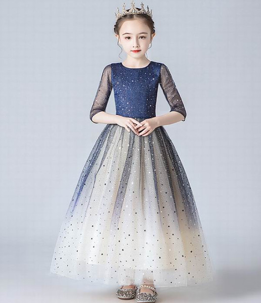 Starry Sky Flower Girl Dress Ball Gown Sequins Star Performance Evening Dress Kids Clothes 4-13Y E9888