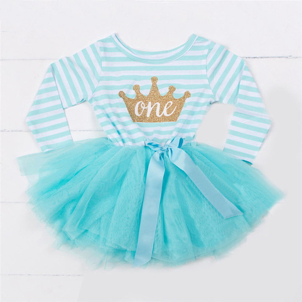 Wholesale Baby Girl Birthday Dress Crown Letters Long Sleeve Stripe Cake Dress 1-2-3T Princess Dress Children Clothing E90286