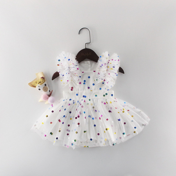 Wholesale 2019 Summer New Baby Girl Princess Dress Glitter Colorful Polka Dot Guze Dress Overalls Kids Clothing E81016