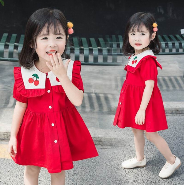 Cherry Baby Girl Dress 2020 Summer Sailor Collar Red Short Sleeve Dress Kids Clothes 2-6Y LT021