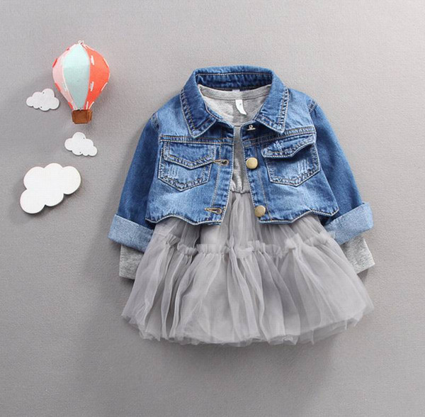 Baby Girl Dresses Spring Autumn Long Sleeve Princess Dresses+ Denim Coat Kids Clothes 0-4Y E91103