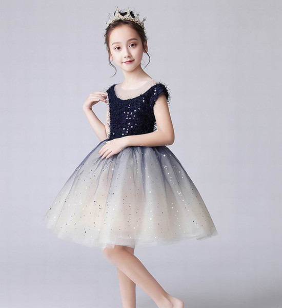 Sequins Sweater Girls Dresses Glitter Gauze Flower Girl Dress for Party Wedding Baby Clothes 3-12Y E92459