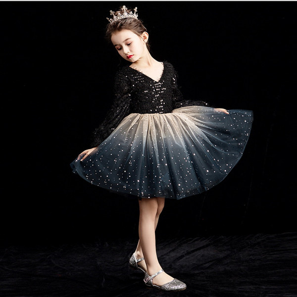 Retail Girl Party Dress Kids Princess Dresses for Girls Full Sleeve Sequin Black Champagne Perform Dress Kids Clothes E92458