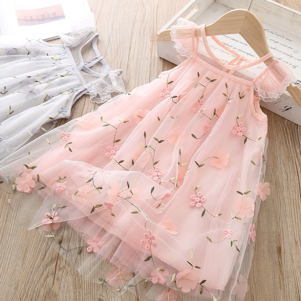 Wholesale 2019 Summer New Embroidery Flower Girls Dress Gauze Fashion Kids Princess Dresses for Girls Baby Clothes 2-6Y AY474