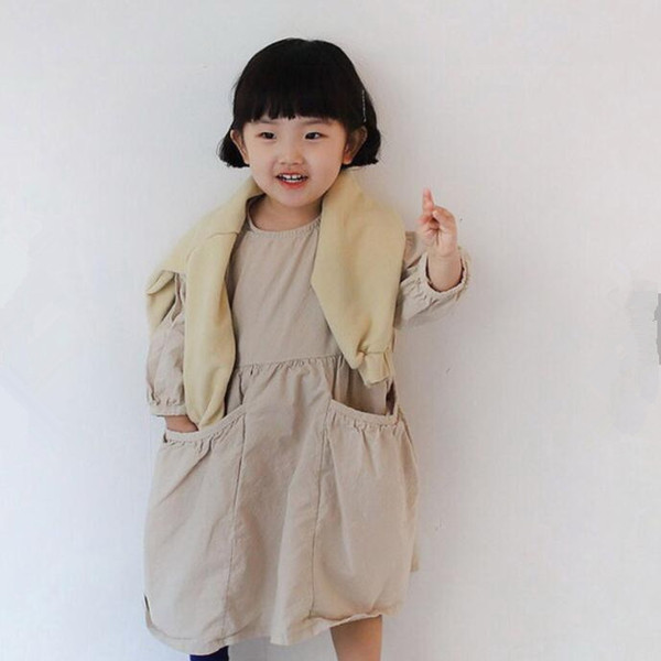 Retail Girls Dress 2019 Autumn new in Cotton Long Sleeve Pockets Casual Girls Dress Baby Clothes 1-6Y E19021