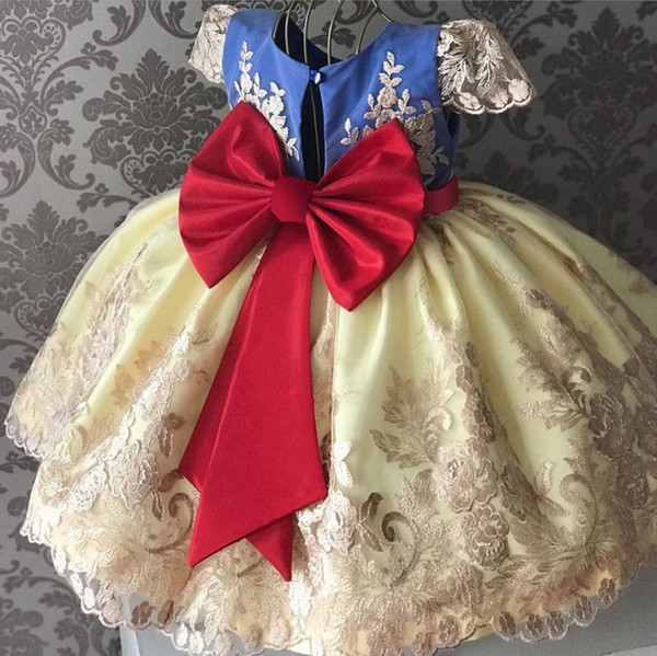 Wholesale Embroidery Girls Party Dress Bow Lace Sleeve Princess Dress for Wedding Performance show Kids Clothes 3-8Y RC117041