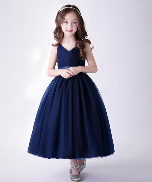 Flower Girl Navy Dress 2020 new Style Fluffy Ball Gown Performance Evening Dress Kids Clothes 4-14Y E9726