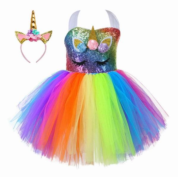 Unicorn Baby Girl Dress Sequins Rainbow Tulle Princess Dresses Halloween Carnival Costume Wear free Hair hoop 1-8Years M079