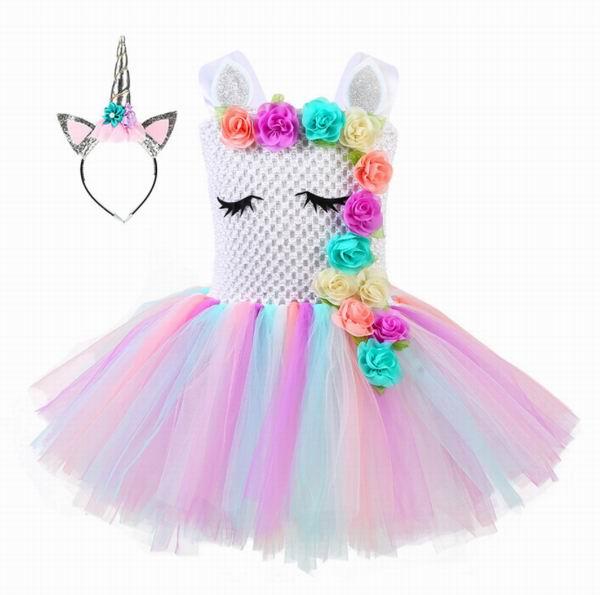 Unicorn Cosplay Baby Girl Dress Flower Rainbow Tulle Princess Dresses Halloween Carnival Costume Wear free Hair hoop 1-8Y T150