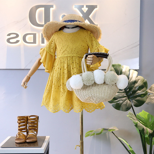 Yellow Flare Sleeve Girl Dress 2020 Summer New Style Cotton Causal Dress Kids Clothes 2-6Y E26493