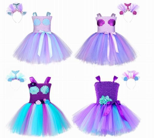 Cosplay Baby Girl Dress Mermaid Evening Dress Halloween Carnival Costume Wear free Hair hoop 1-8Years M013