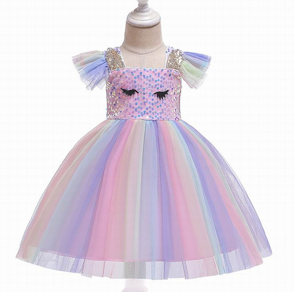 Sequins Unicorn Dress Girl Clothes Rainbow Gauze Flare Sleeves Wedding Birthday Party Princess Dress For 1-6Y D0099