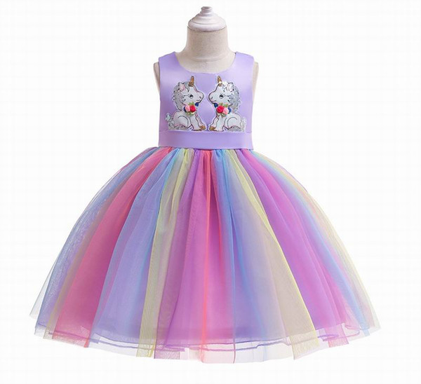 Unicorn Girl Dress 2020 Summer Colorful Rainbow Princess Dress Children Birthday Party For 3-8Y Girl E0081