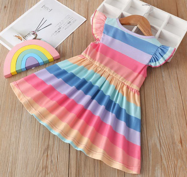 Rainbow Baby Girl Dress 2020 Summer Flare Sleeve Colorful Stripe Dress Kids Clothes 1-5Y E20617