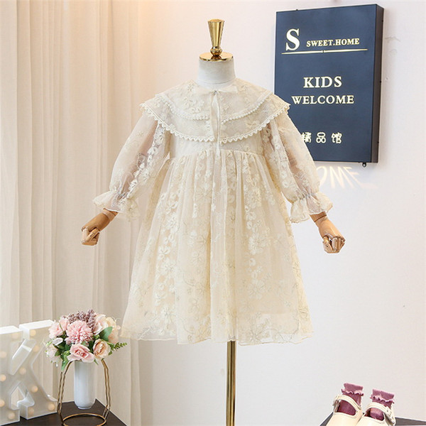 Wholesale Lace Girl Dress 2020 Spring New Style Pearl Collar Long Sleeve Princess Dress Baby Clothes 3-7Y E20632