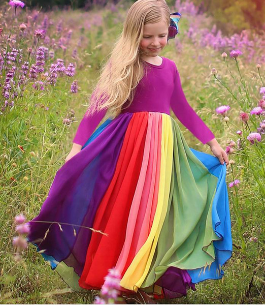 Rainbow Gauze Long Dress 2020 Spring New Long Sleeve Casual Dresses Holiday Dress Baby Clothes 1-6Y E20113