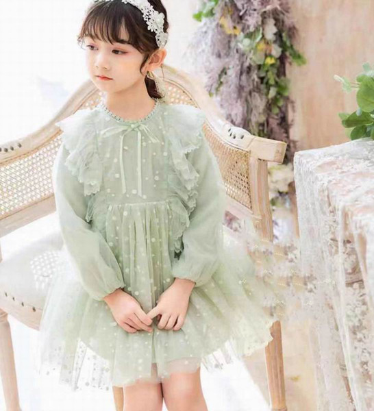 Wholesale Polka Dot Fluffy Girl Dress 2020 Spring New Lace Long sleeve Princess Dress Kids Clothes 2-6Y E2099