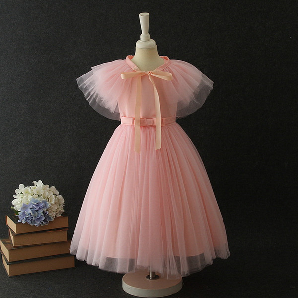 Flower Girl Dress with Cape 2020 Spring New Style Gauze Flare Sleeve Ballroom Dresses for Wedding Party Kids Clothes E19002