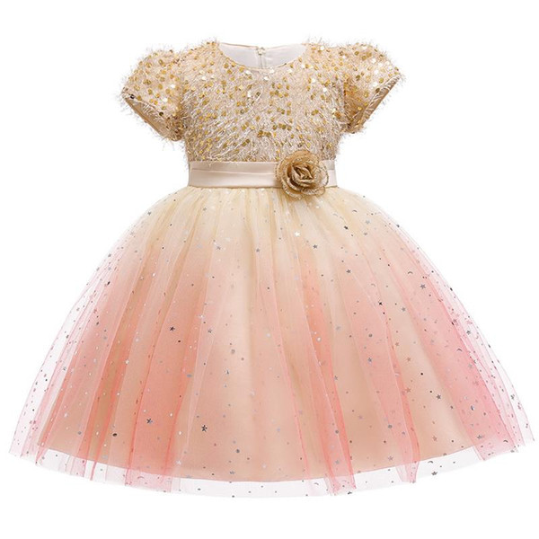 Wholesale Starry Sky Flower Girl Dress Gauze Sequins Short Sleeve Princess Dresses for Party Wedding Baby Clothes 3-10Y E5161