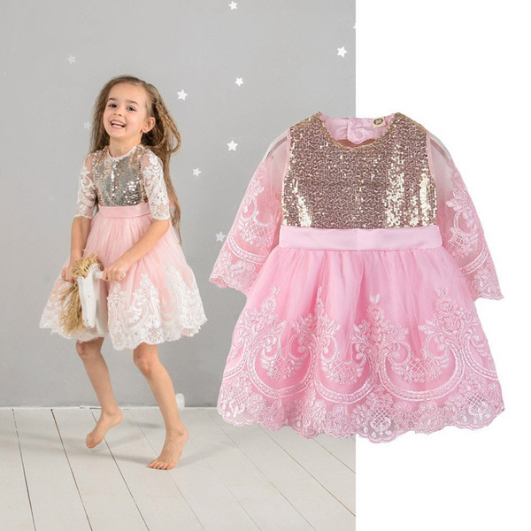 Wholesale Sequins Baby Girl Dress Embroidery Pink Long Sleeve Princess Dress for Girls Kids Clothes 2-7Y E93004