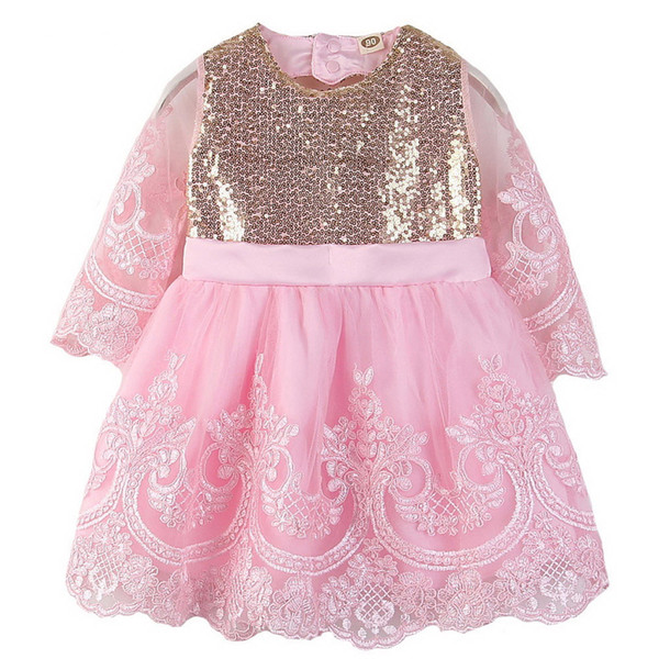 Sequins Baby Girl Dress Embroidery Pink Long Sleeve Princess Dress for Girls Kids Clothes 2-7Y E93004