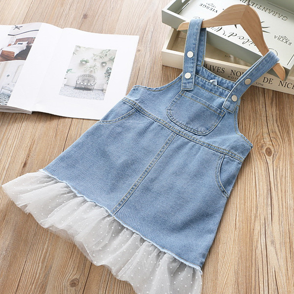 Wholesale 2020 Spring New arrive Denim Girl Dress White Gauze Bottom Suspender Skirt Kids Clothes 2-6Year E2051