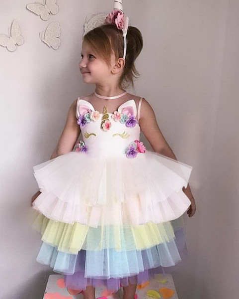 Unicorn Baby Girl Cake Dress Colorful Tiered Gauze Sleeveless Princess Dress for Wedding Party Kids Clothes 3-8Y E88440