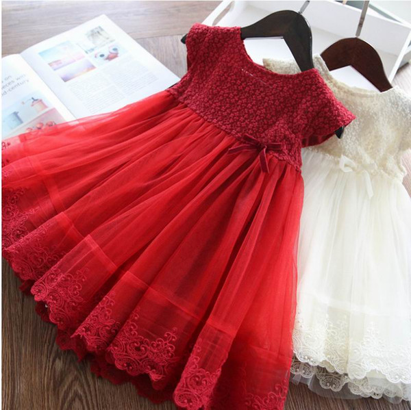 Lace flower Girl Summer Dresses Gauze Short Sleeve Red White Princess Dresses Baby Clothes 2-8Y E88632