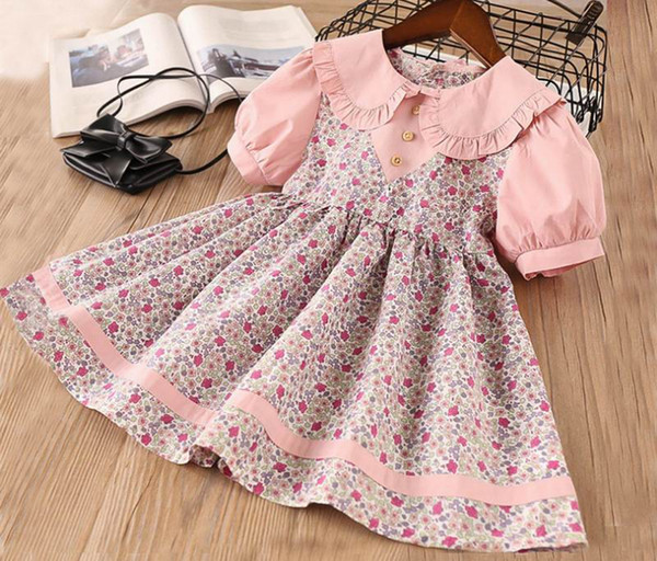 Wholesale Floral Girls Dresses Peter Pan Collar Cotton Summer Short Sleeve Princess Dresses Baby Clothes 2-7Y LT018