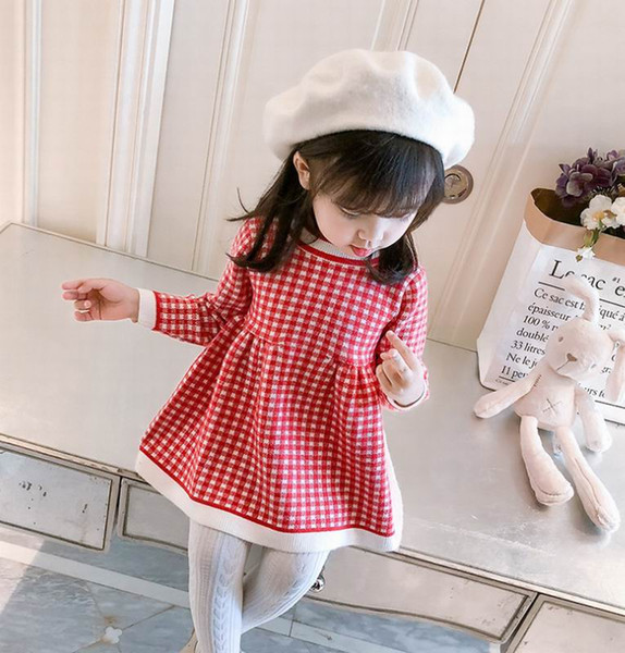 Wholesale Plaid Sweater Dresses for Baby Girl Knitting Wool Long Sleeve Sweet Dress for Baby Clothes 0-4T E8814