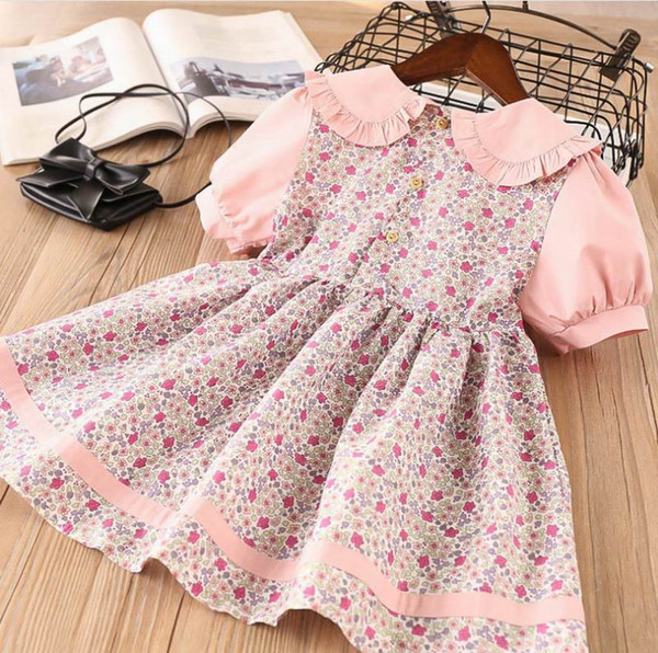 Floral Girls Dresses Peter Pan Collar Cotton Summer Short Sleeve Princess Dresses Baby Clothes 2-7Y LT018