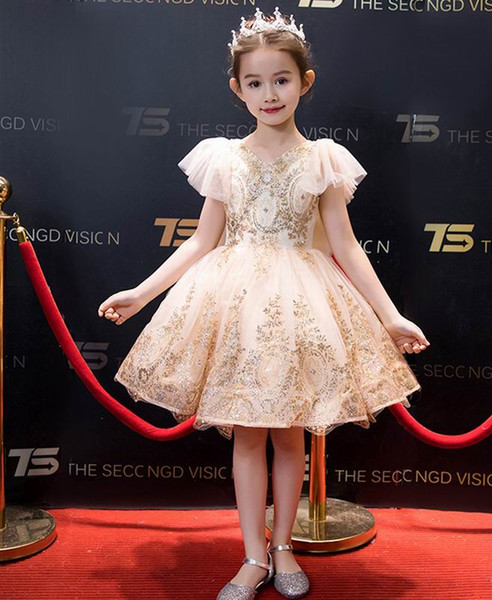 Gold Sequins Flower Girl Dress Embroidered Flare Sleeve Princess Dresses for Party Wedding Baby Clothes 3-12Y SH001