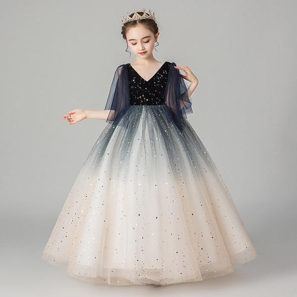 Starry Sky Flower Girl Dress Ball Gown Sequins V neck Performance Evening Dress Kids Clothes MQ001