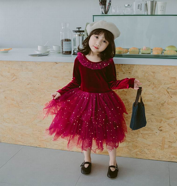 Velvet Dresses for Girls Wine Red Glitter Gauze Layer Dress Long Sleeve princess Dress for baby Clothes 2-10T E1021