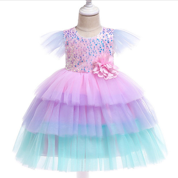 Sequins Baby Girl Cake Dress Flower Colorful Tiered Gauze Flare Sleeve Princess Dress for Wedding Party Kids Clothes 1-6Y D0097