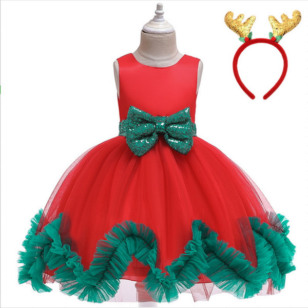 Christmas Girls Dress Sequins Sleeveless Bow Soft Yarn Princess Dresses for Wedding Party Kids Clothes 3-8Y D0107