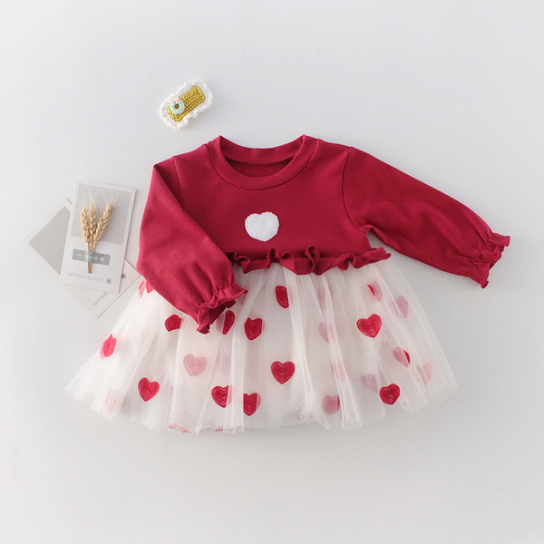 Wholesale Love Heart Baby Girl Dress 2020 Valentines Day Long Sleeve Red Bodysuit Princess Dresses Baby Clothes 0-2Y E91012