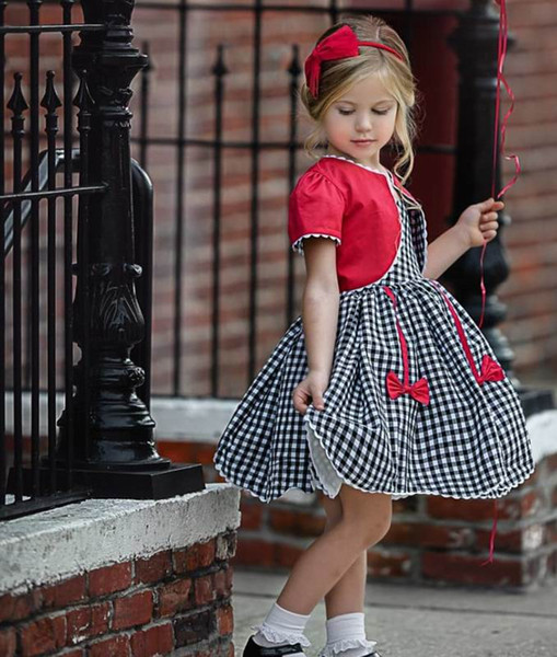 Girls Summer Plaid Dresses Black White Plaid Cotton Red Bow Sleeveless Dress Kids Clothes 1-5Y H1065