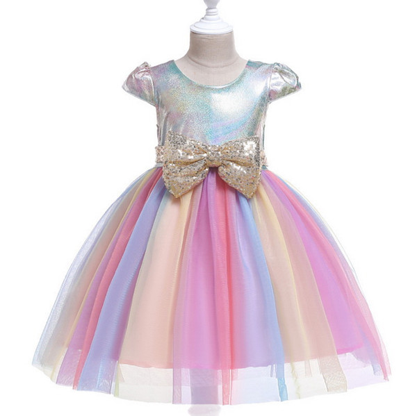 Sequins Bow Girls Dress Children Custome Clothes Colorful Wedding Birthday Party Ball Gown Princess Dress For 3-8Y Girl D0098