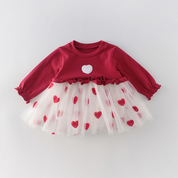 Love Heart Baby Girl Dress 2020 Valentines Day Long Sleeve Red White Bodysuit Princess Dresses Baby Clothes 0-2Y E91012