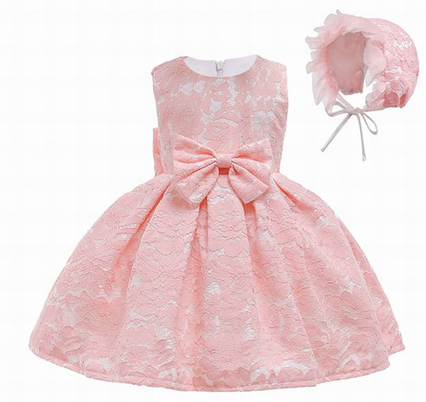 Lace Baby Girls Dresses Bow Sleeveless Princess Dresses Free Hat for Party Wedding Baby Clothes 0-2Y D0115