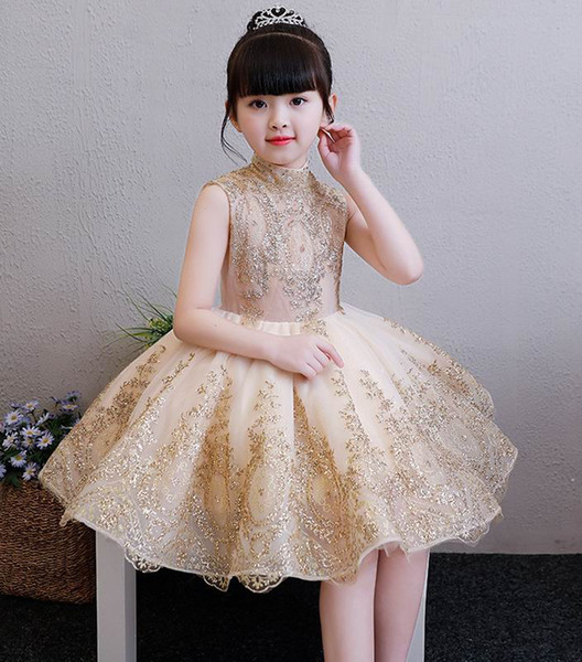 Glitter Embroidery Girls Dresses Gold Half Collar Sleeveless Dresses for Party Wedding Baby Clothes 1-10Y DJ001