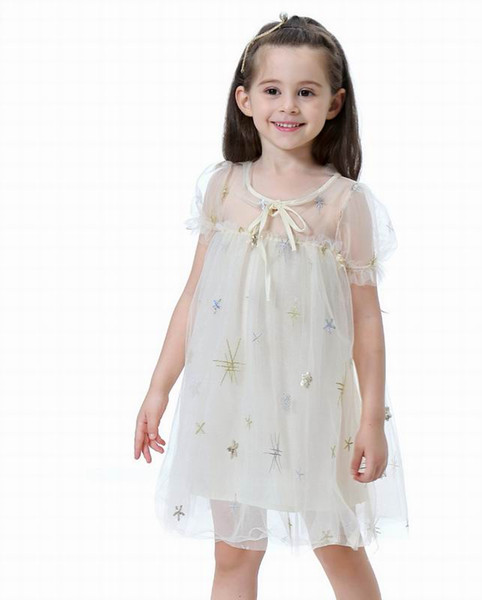 Sequins Star Girls Dresses Puff Sleeve Soft Gauze Princess Dresses Baby Clothes 2-7Y E1112