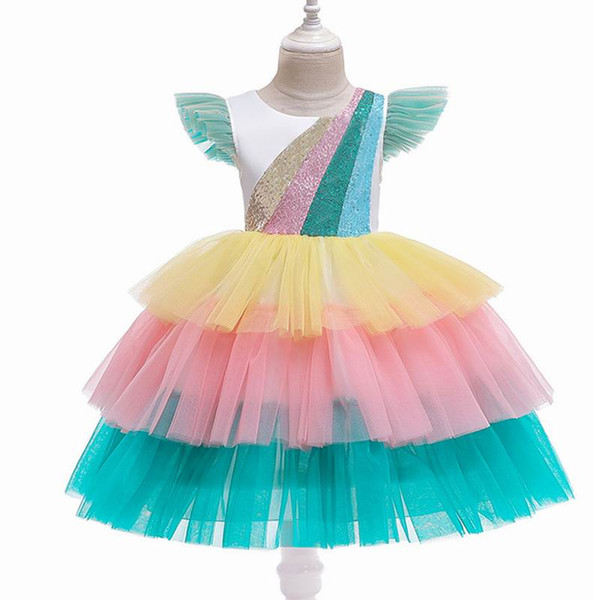 Rainbow Layered Girls Dresses Glitter Colorful Sleeveless Dresses for Party Kids Clothes 3-8Y D0113