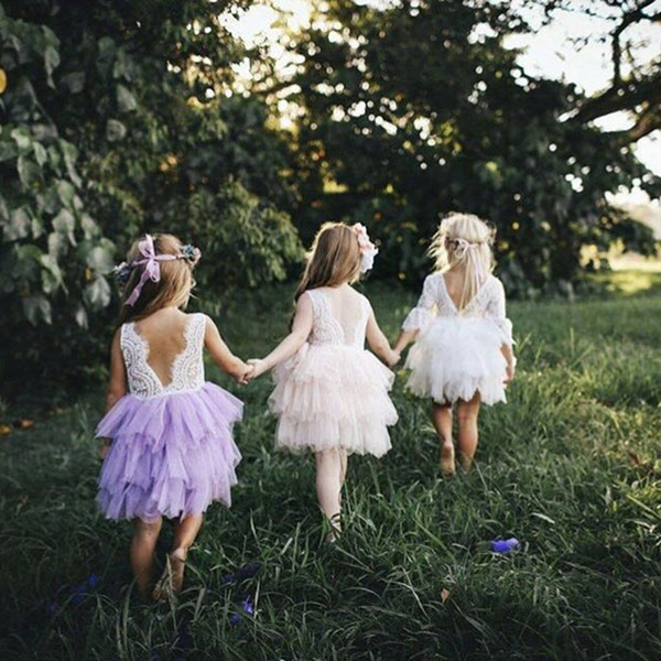 Lace Girls Cake Dresses Eyelash Back Sleelvess Knee Length Princess Dress for Party Wedding Kids Clothes 1-5T RA113681