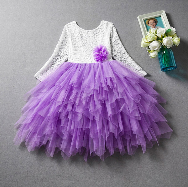 Lace Girls Layer Dresses Eyelash Back Full Sleelve Ankle Length Princess Dress for Party Wedding Kids Clothes 3-8T RA113671