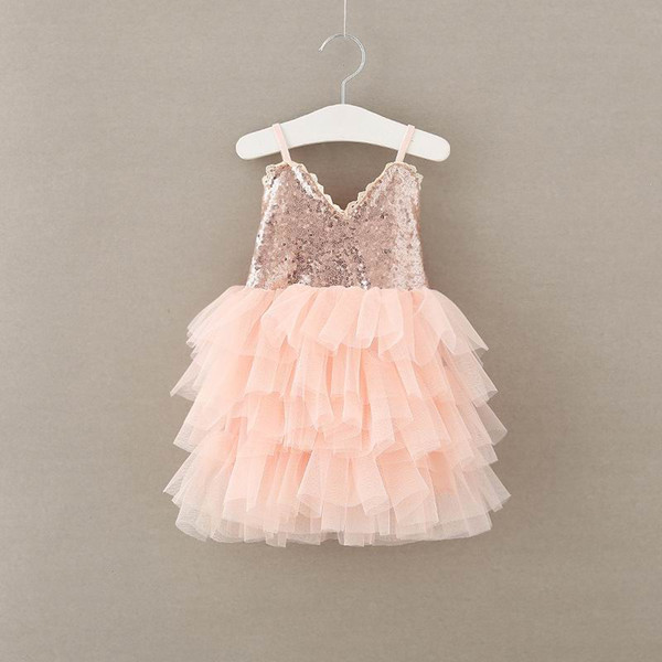 Wholesale Summer New Girl Princess Dress V Neck Sequins Lace Tiered Gauze Party Sundress Children Clothing 2-6Y E1933